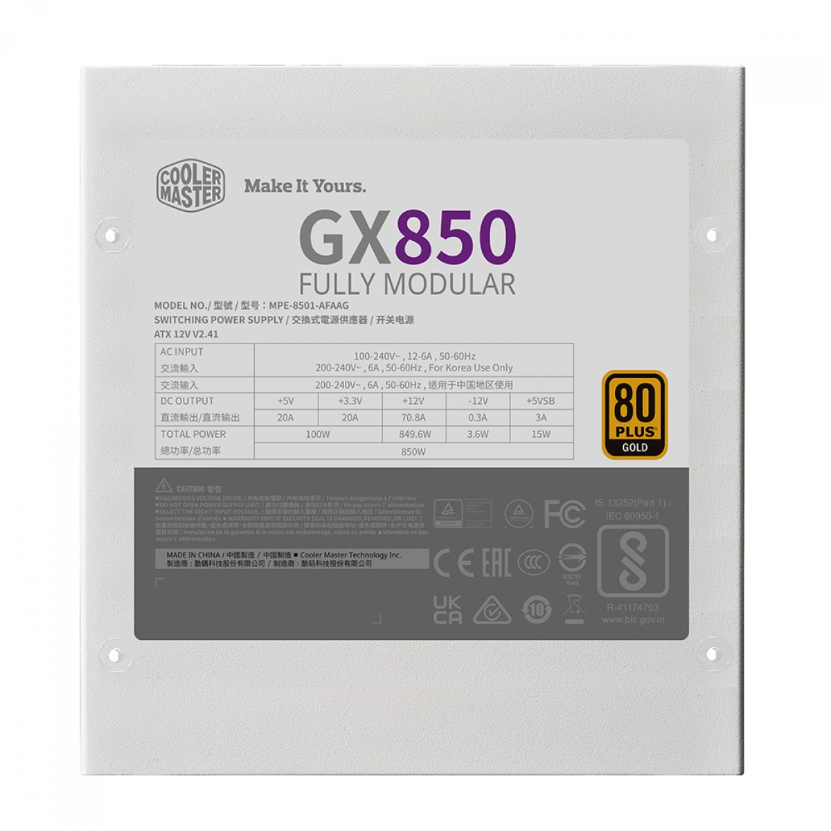 Fonte Cooler Master GX 850W, 80 Plus Gold, PFC Ativo, Full Modular, White, MPE-8501-AFAAG-GB1