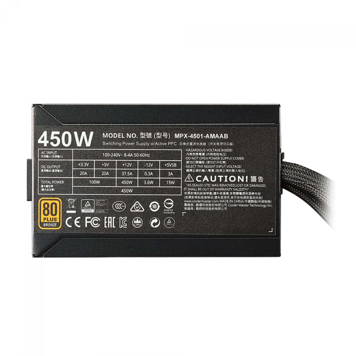 Fonte Cooler Master Masterwatt 450 450W, 80 Plus Bronze, Semi-Modular, PFC Ativo, MPX-4501-AMAAB-WO