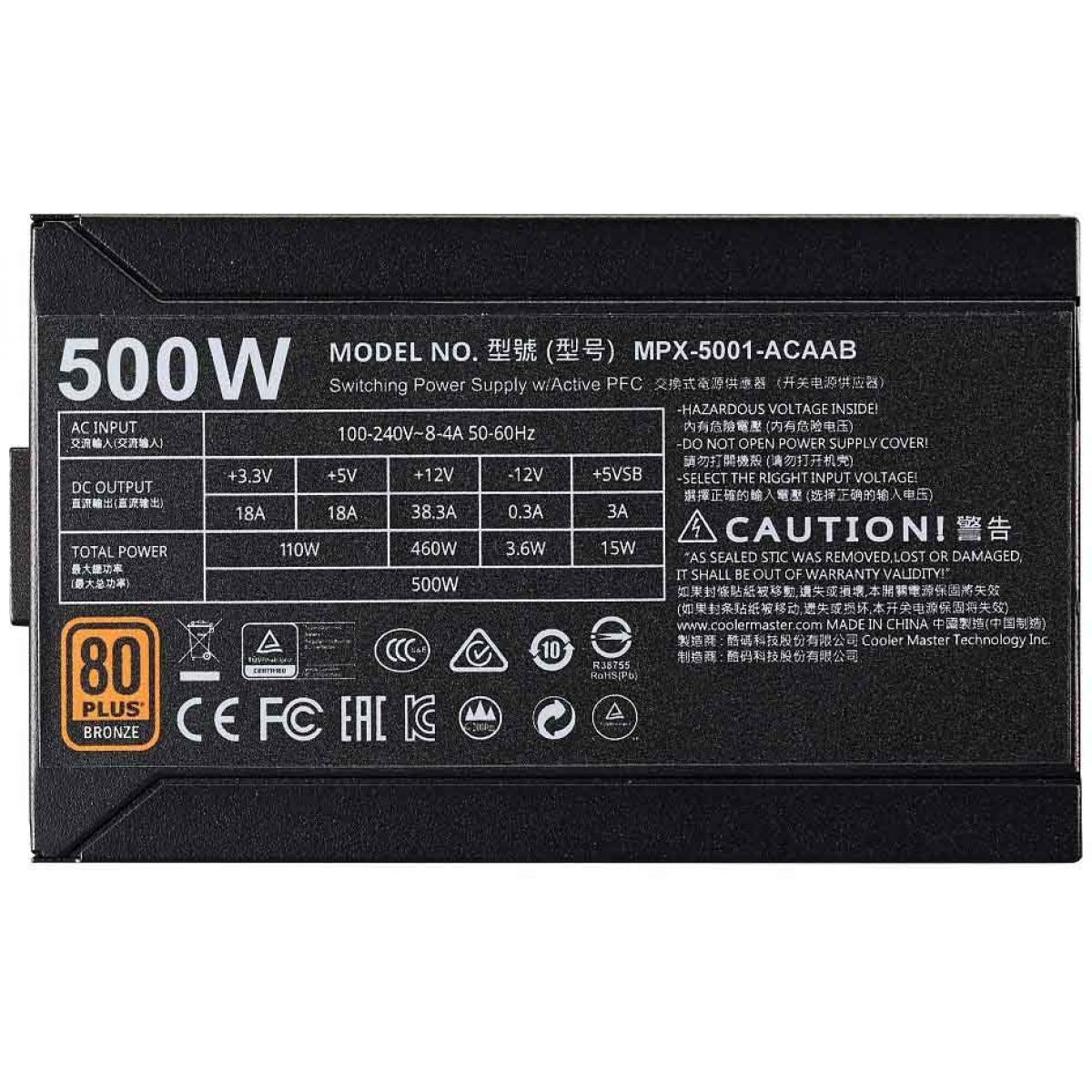 Fonte Cooler Master MWE 500W, Com Cabo, 80 Plus Bronze, PFC Ativo, MPX-5001-ACAAB-US