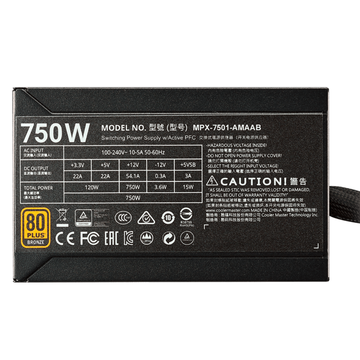 Fonte Cooler Master MW 750W, 80 Plus Bronze, PFC Ativo, Semi Modular, MPX-7501-AMAAB-WO