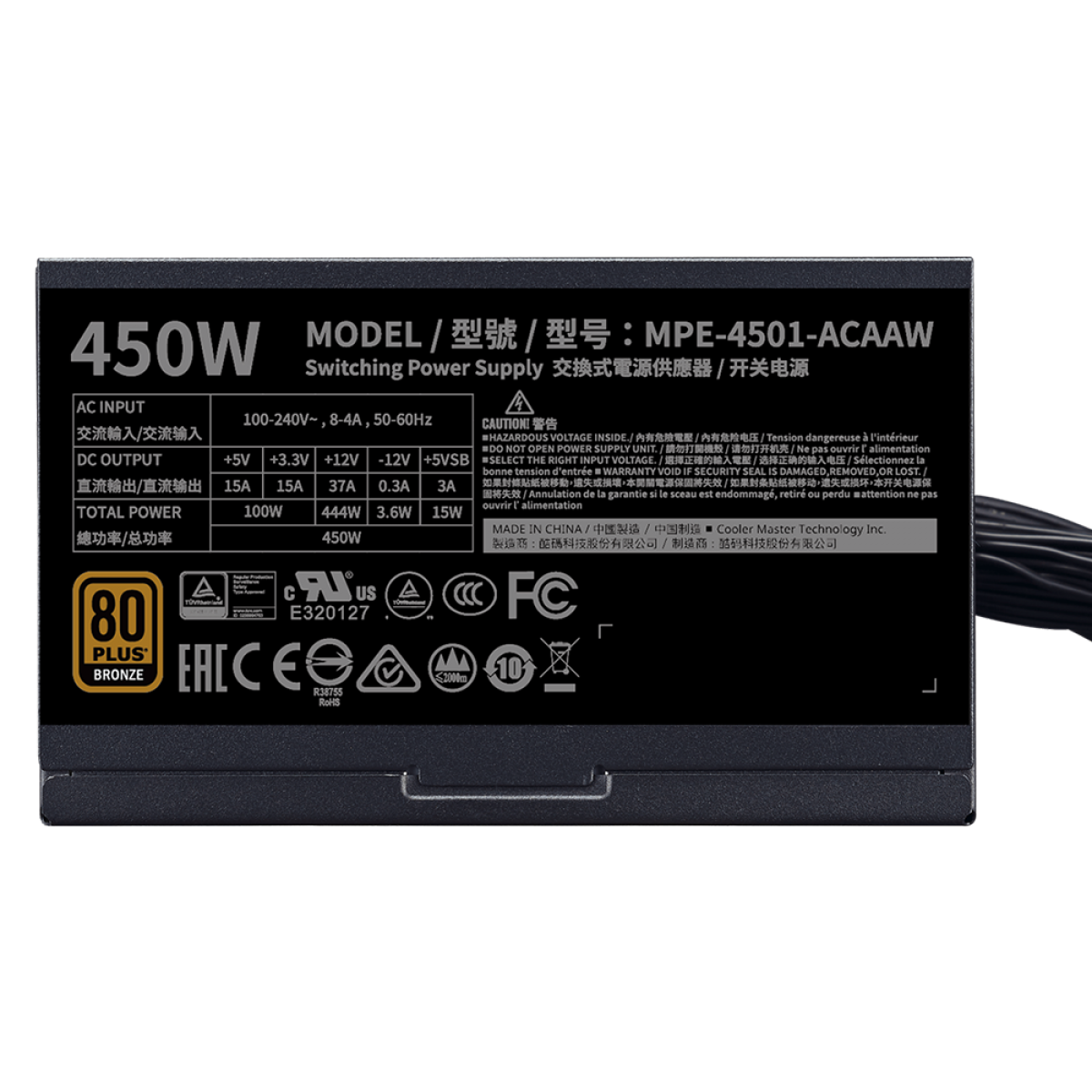 Fonte Cooler Master MWE 450W V2, 80 Plus Bronze, PFC Ativo, MPE-4501-ACAAW-BWO