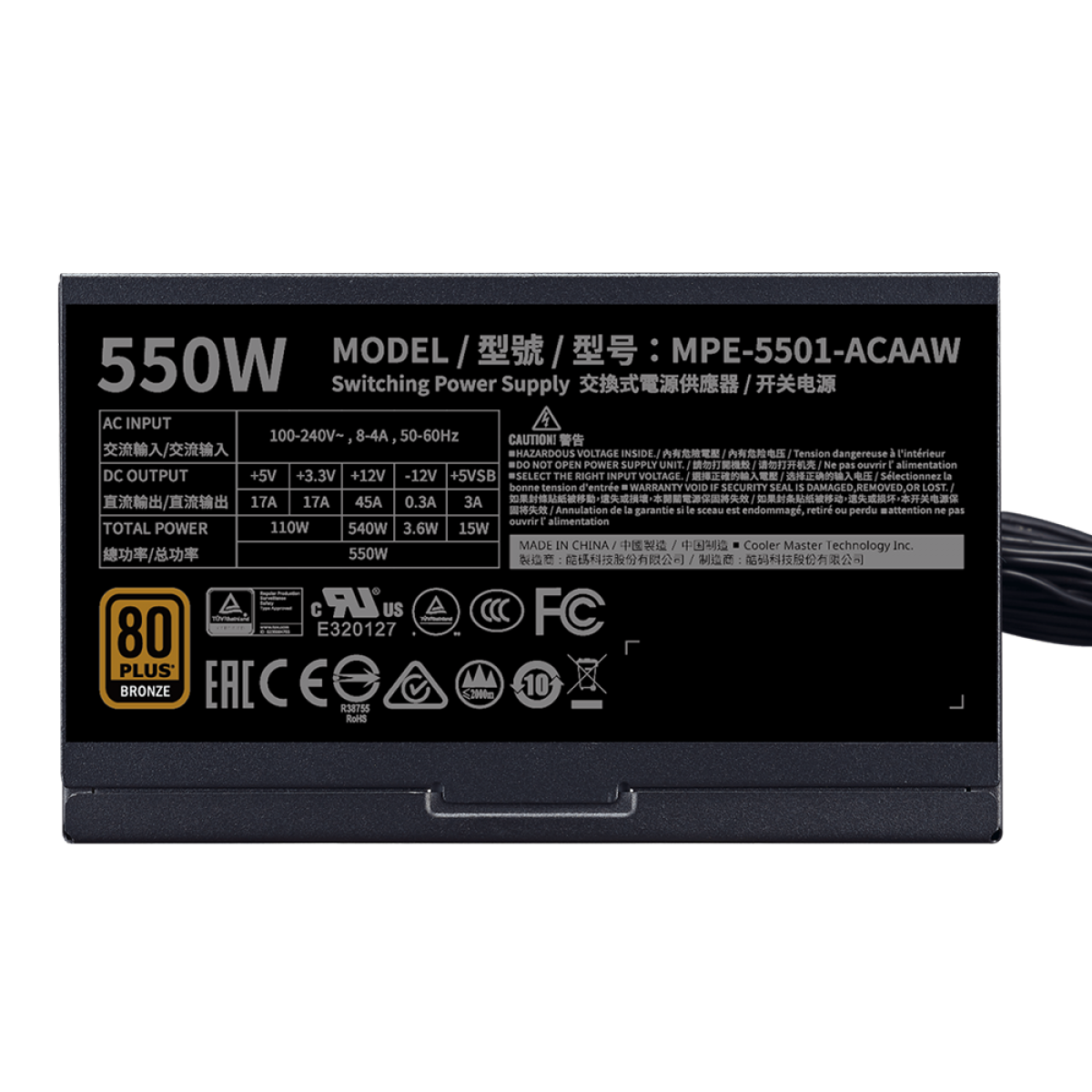 Fonte Cooler Master MWE 550W V2, 80 Plus Bronze, PFC Ativo, MPE-5501-ACAAW-BWO