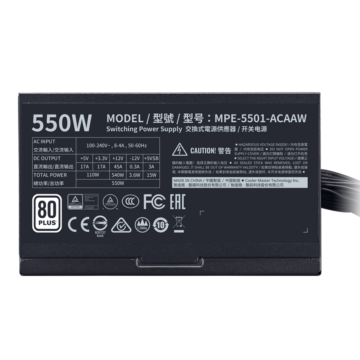 Fonte Cooler Master MWE 550W V2, 80 Plus White, PFC Ativo, MPE-5501-ACAAW-WO