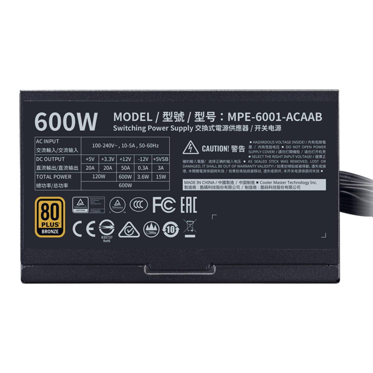 Fonte Cooler Master MWE 600W V2, 80 Plus Bronze, PFC Ativo, MPE-6001-ACAAB-WO