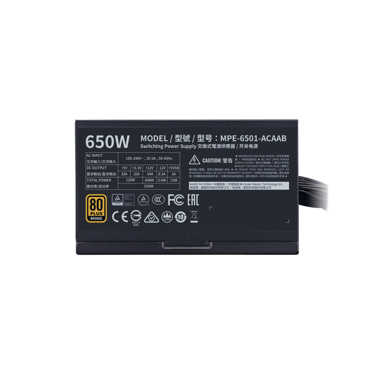 Fonte Cooler Master MWE 650 BRONZE - V2, 650w, 80 Plus Bronze, PFC Ativo, MPE-6501-ACAAB-BR