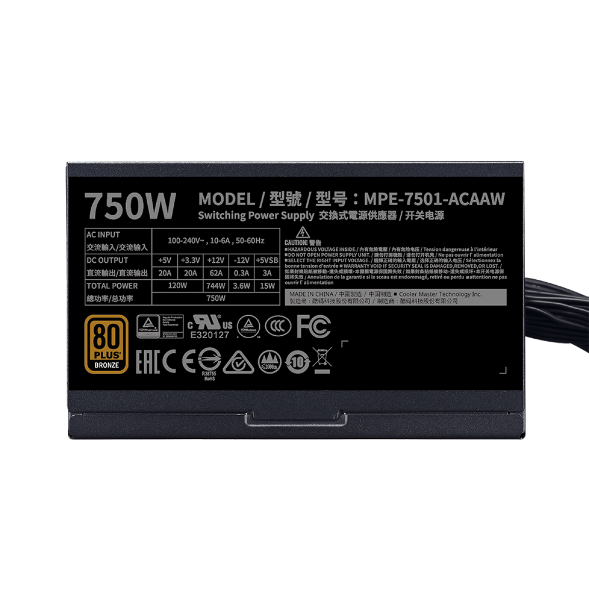 Fonte Cooler Master MWE 750W V2, 80 Plus Bronze, PFC Ativo, MPE-7501-ACAAW-BWO