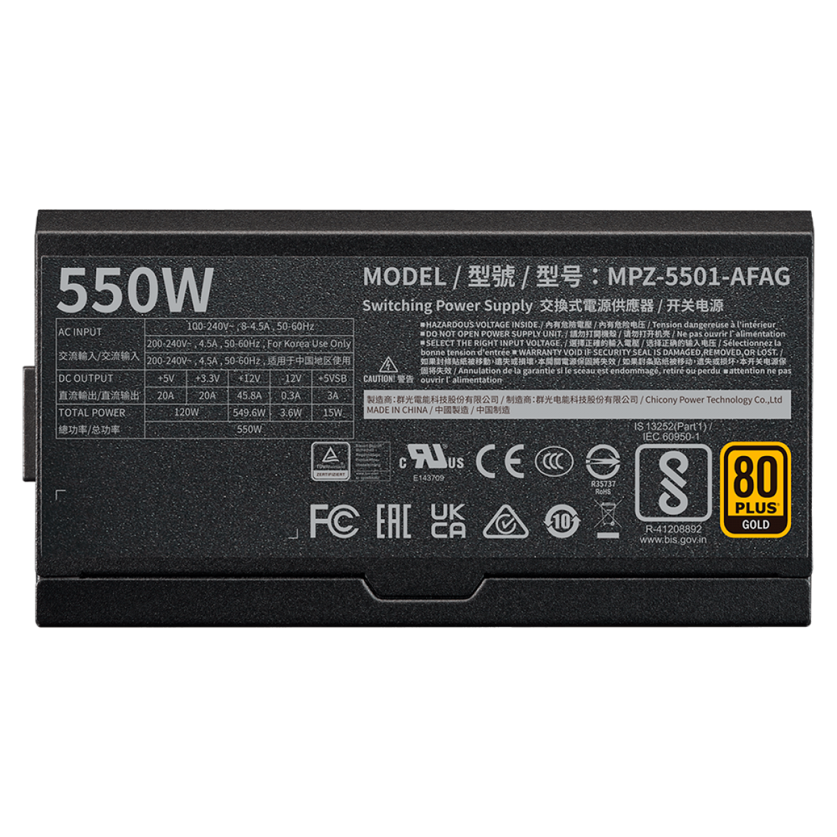 Fonte Cooler Master V550 Gold I MULTI, 550W, 80 Plus Gold, PFC Ativo, Full Modular, MPZ-5501-AFAG-BWO