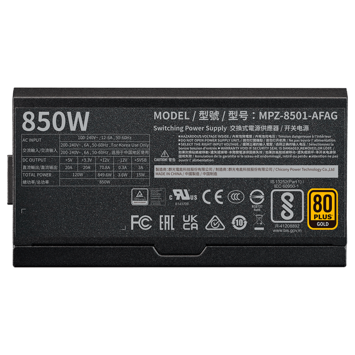 Fonte Cooler Master V850 Gold I MULTI, 850W, 80 Plus Gold, PFC Ativo, Full Modular, MPZ-8501-AFAG-BWO