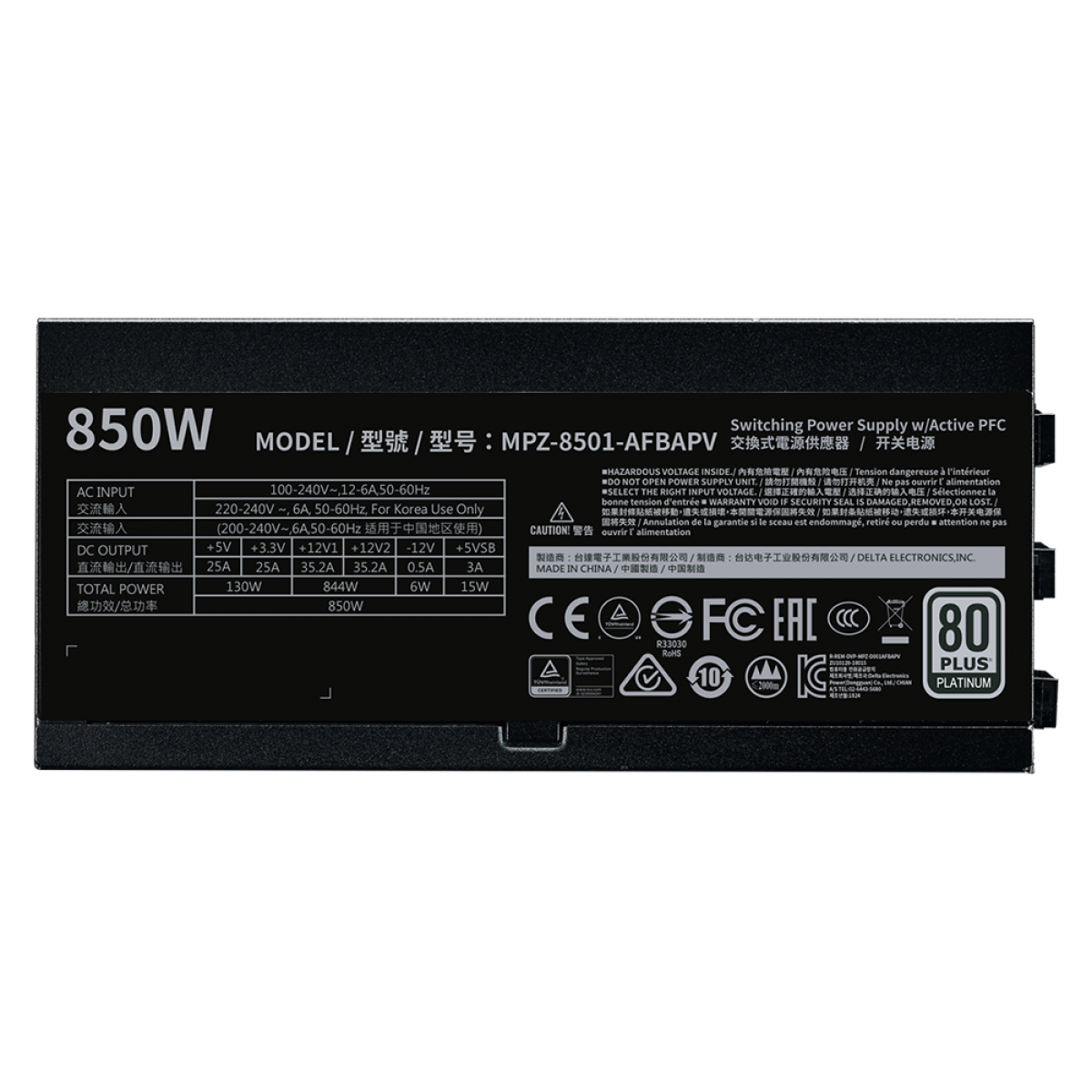 Fonte Cooler Master V850 Platinum, 850W, 80 Plus Platinum, PFC Ativo, Full Modular, MPZ-8501-AFBAPV-WO