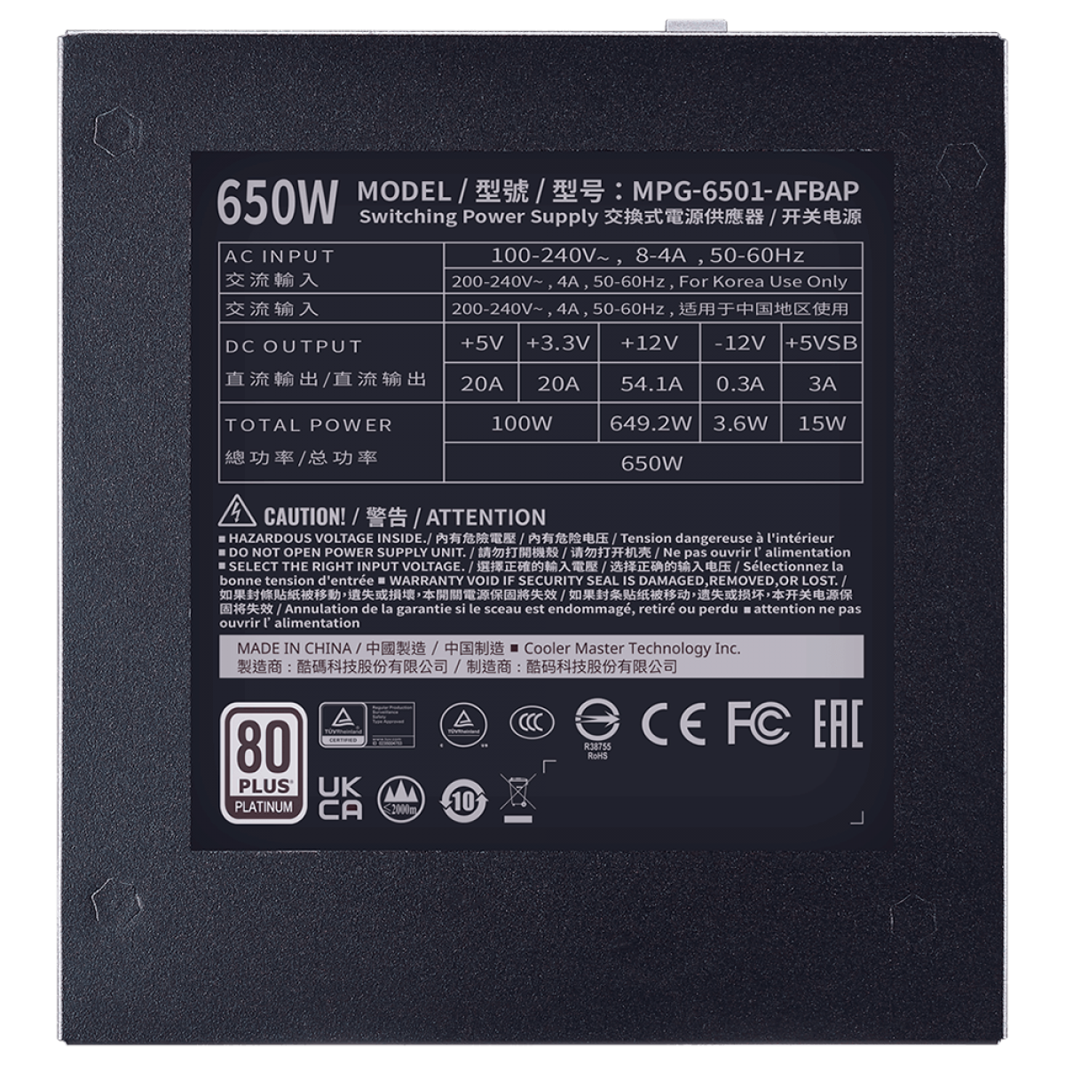 Fonte Cooler Master XG650 Platinum, 650W, 80 Plus Platinum, PFC Ativo, Full Modular, MPG-6501-AFBAP-WO