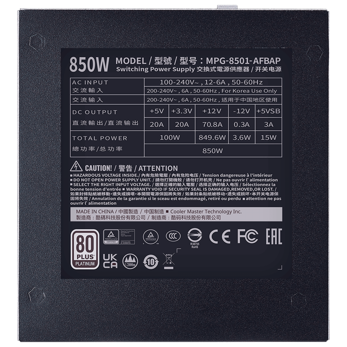 Fonte Cooler Master XG850 Platinum, 850W, 80 Plus Platinum, Full Modular, PFC Ativo, MPG-8501-AFBAP-WO