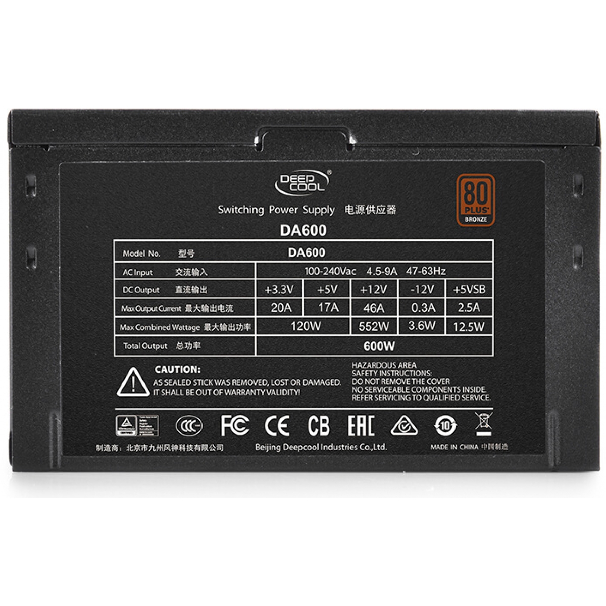 Fonte Deepcool DA600 600W, 80 Plus Bronze, PFC Ativo, DP-BZ-DA600