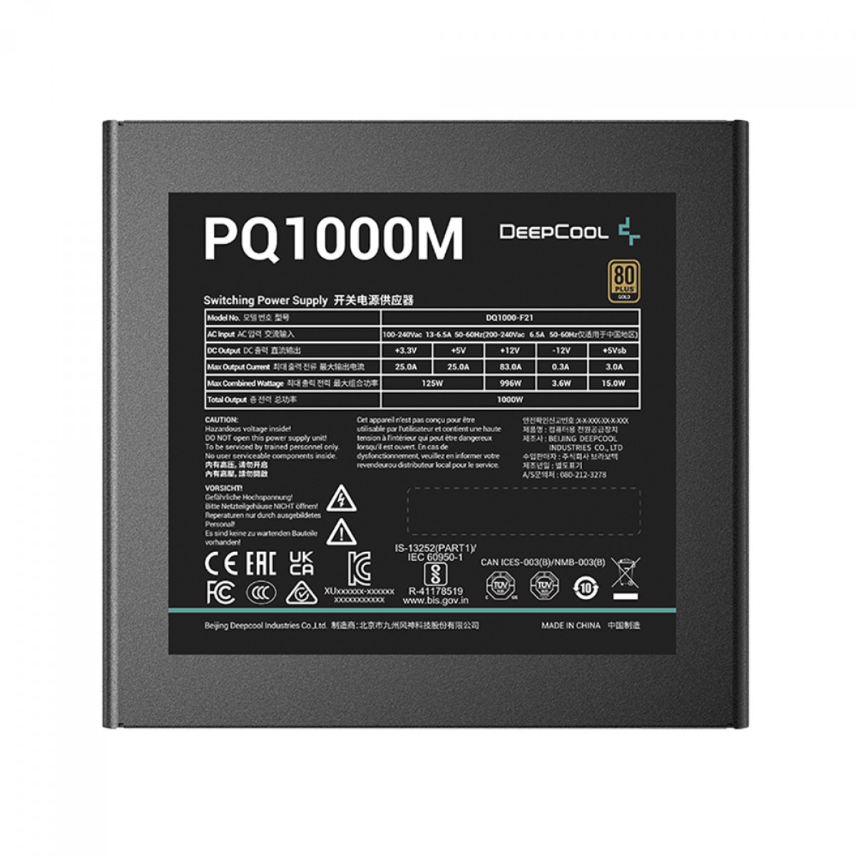 Fonte DeepCool PQ1000M, 1000W, 80 Plus Gold, PFC Ativo, Modular, R-PQA00M-FA0B-WO