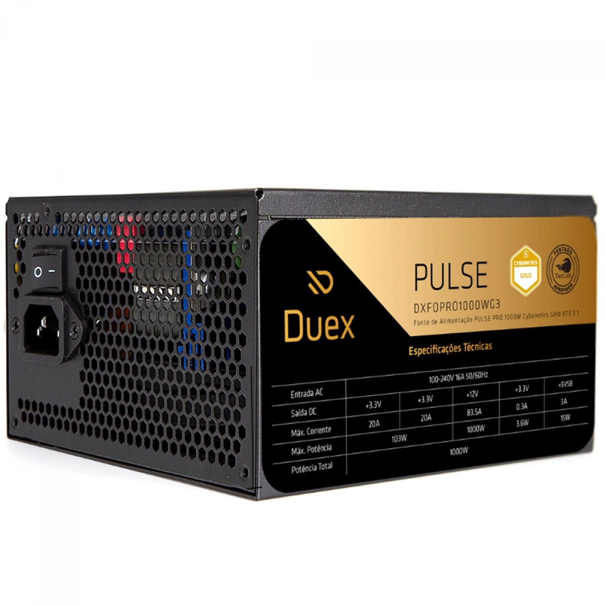 Fonte Duex Pulse Pro, 1000W, Cybenetics Gold, TecLab, PFC Ativo, ATX 3.1, PCIE5, Full Modular, Preto - Open Box
