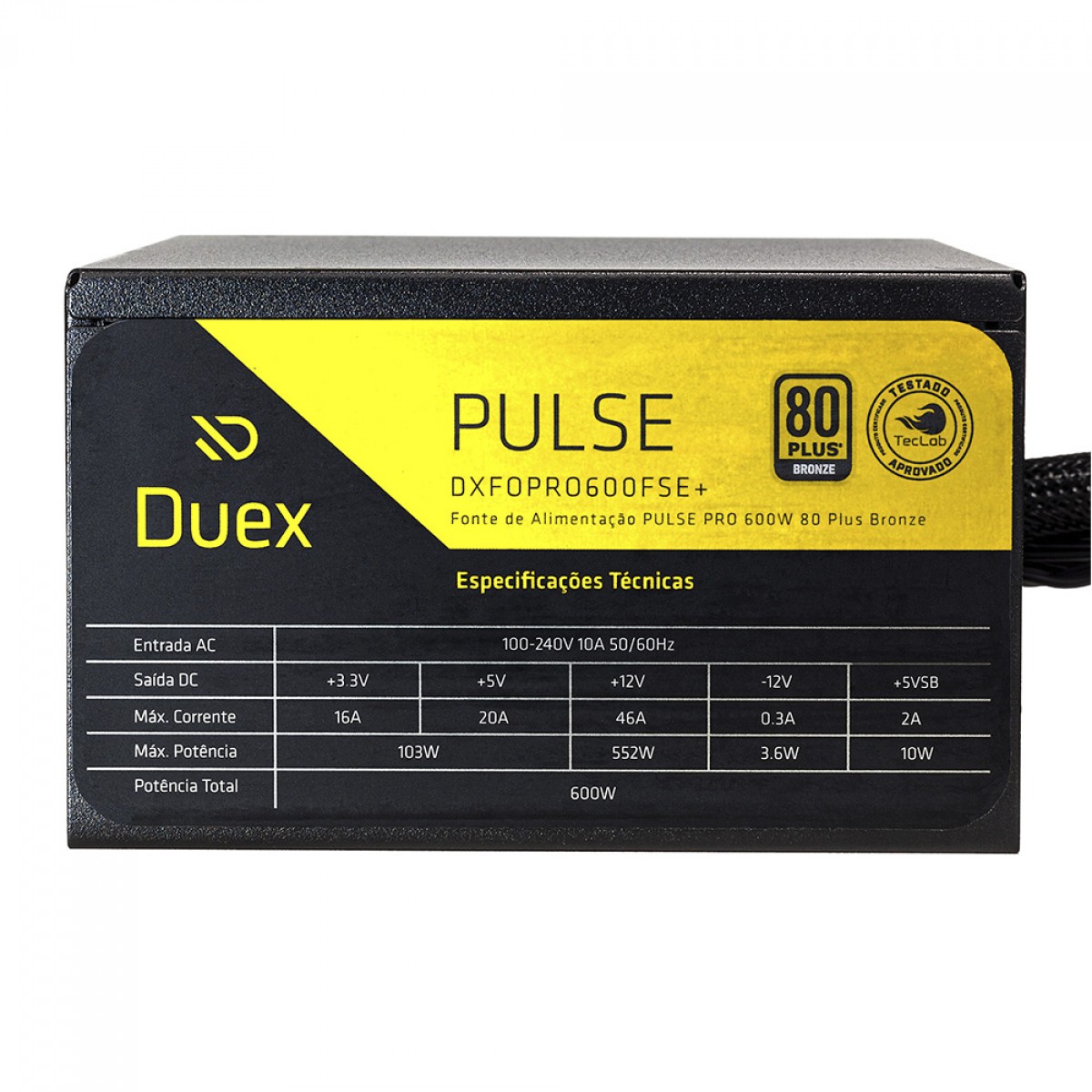Fonte Duex Pulse Pro, 600W, 80 Plus Bronze, TecLab, PFC Ativo, DXFOPRO600FSE+