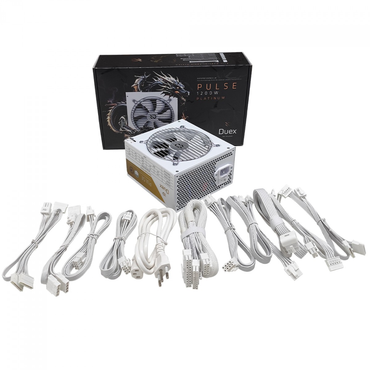 Fonte Duex Pulse Pro White, 1200W, Cybenetics Platinum, TecLab, ATX 3.1, PCI-E 5.1, PFC Ativo, Full Modular, DXFOPRO1200WG3W
