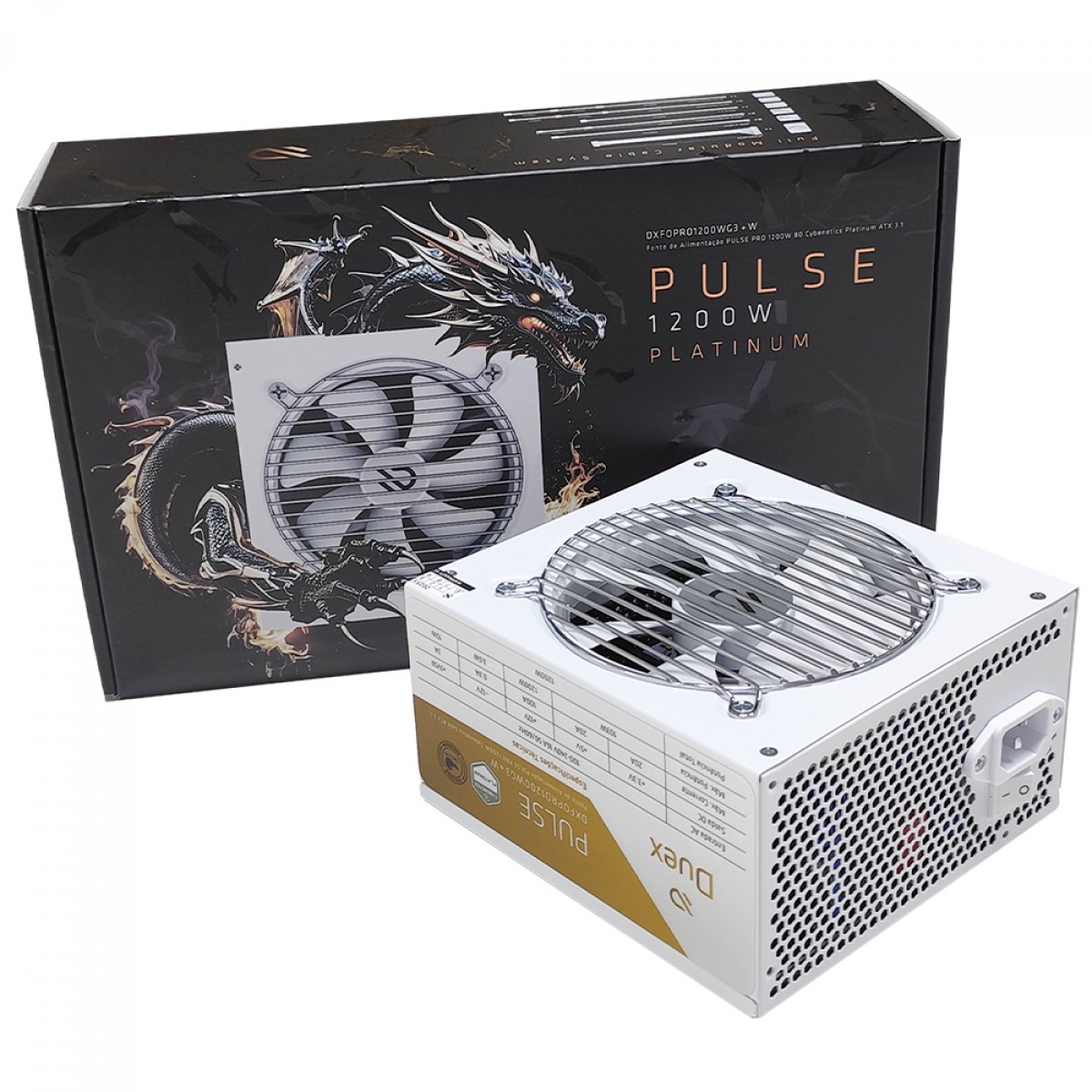 Fonte Duex Pulse Pro White, 1200W, Cybenetics Platinum, TecLab, ATX 3.1, PCI-E 5.1, PFC Ativo, Full Modular, DXFOPRO1200WG3W
