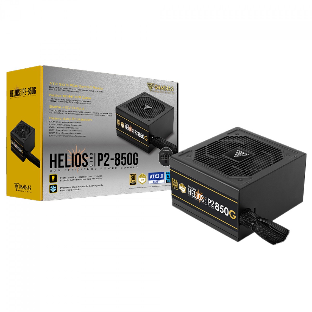 Fonte Gamdias Helios M1-850G, 850W, 80 Plus Gold, Cybenetics Gold, PFC Ativo, PCIe 5.0, Cabos Flat, Preto