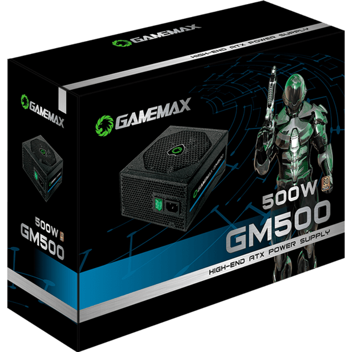Fonte Gamemax GM500 500W, 80 Plus Bronze, PFC Ativo, OEM, sem caixa.