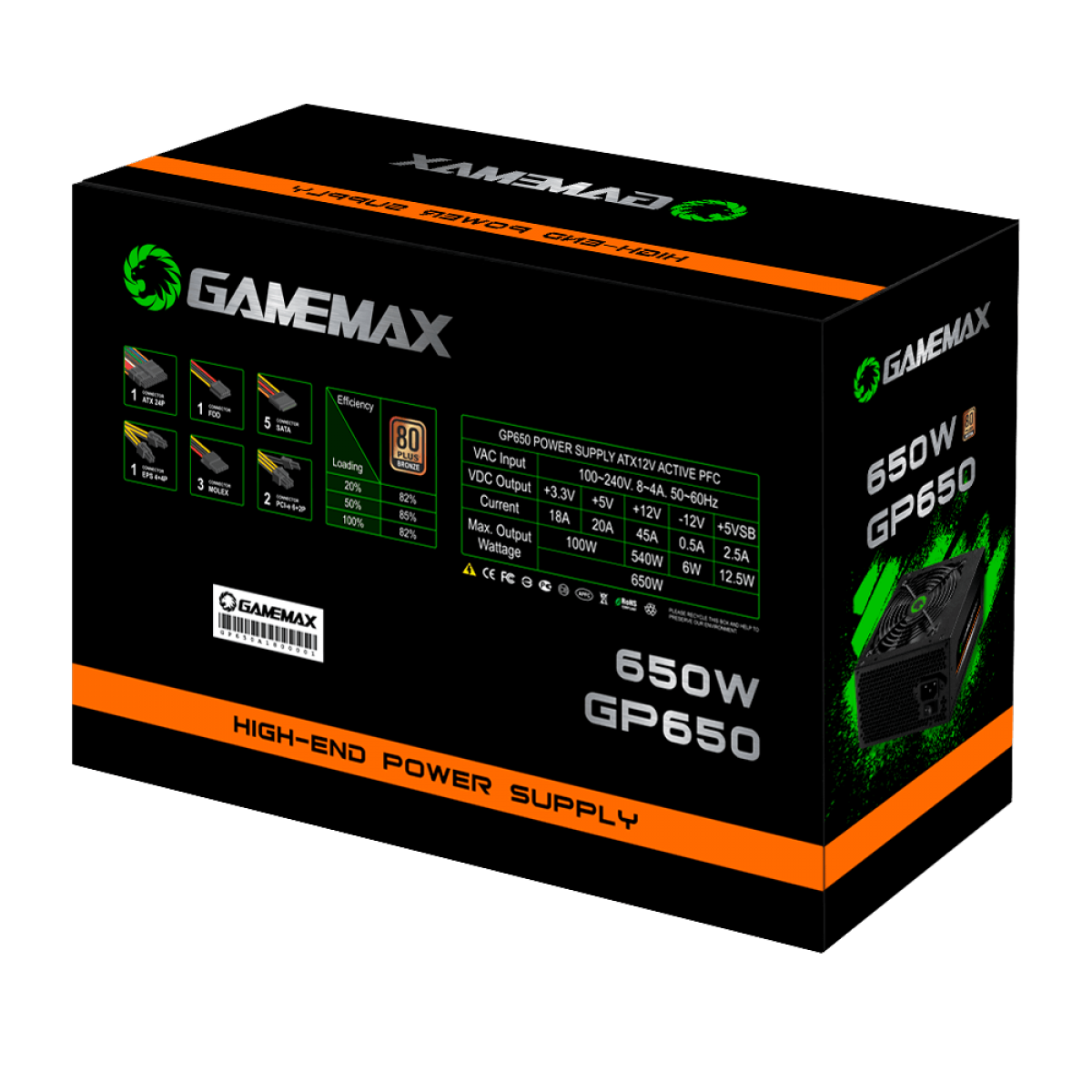 Fonte Gamemax GP650 650W, 80 Plus Bronze, PFC Ativo, Black