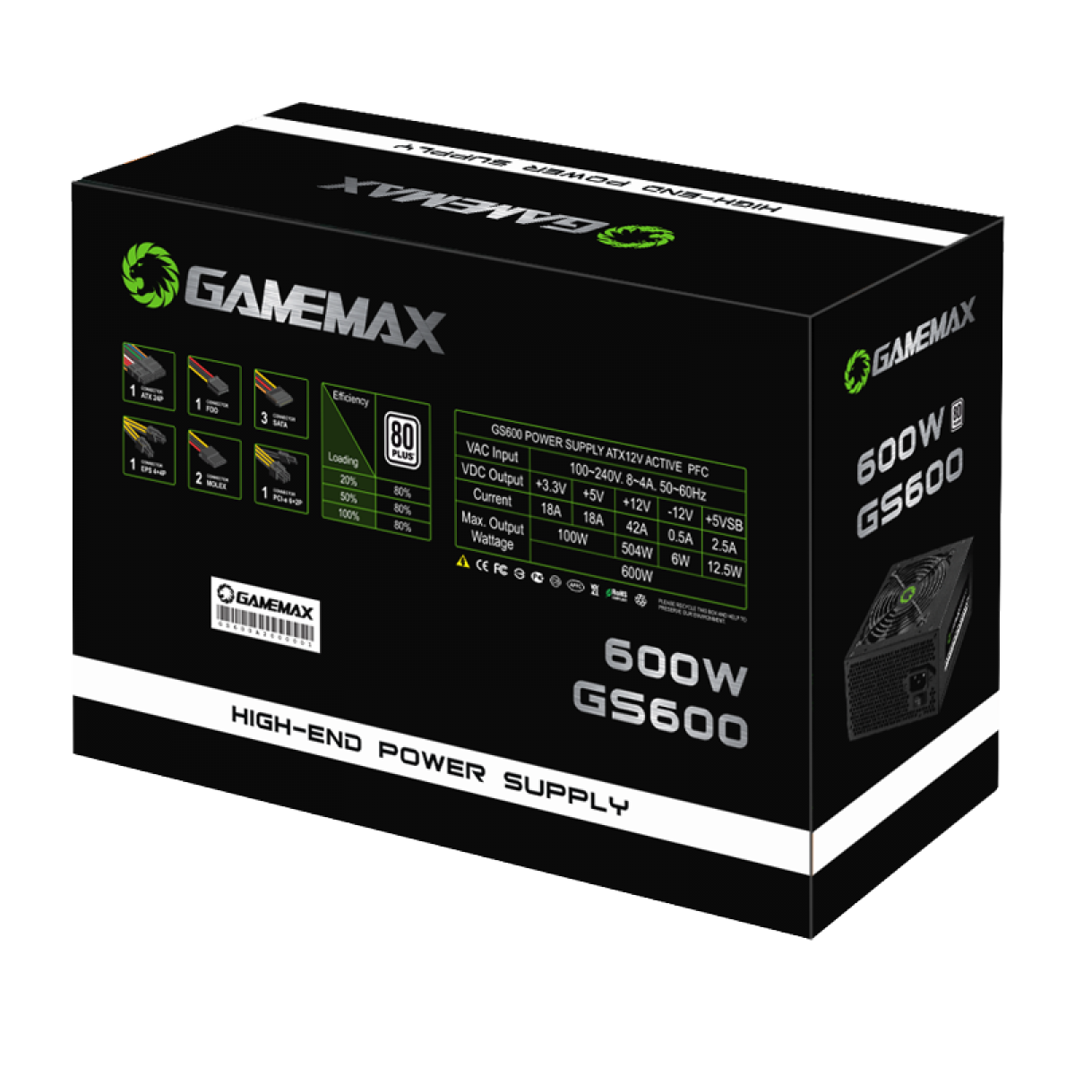 Fonte Gamemax GS600, 600W, 80 Plus White, PFC Ativo, Black