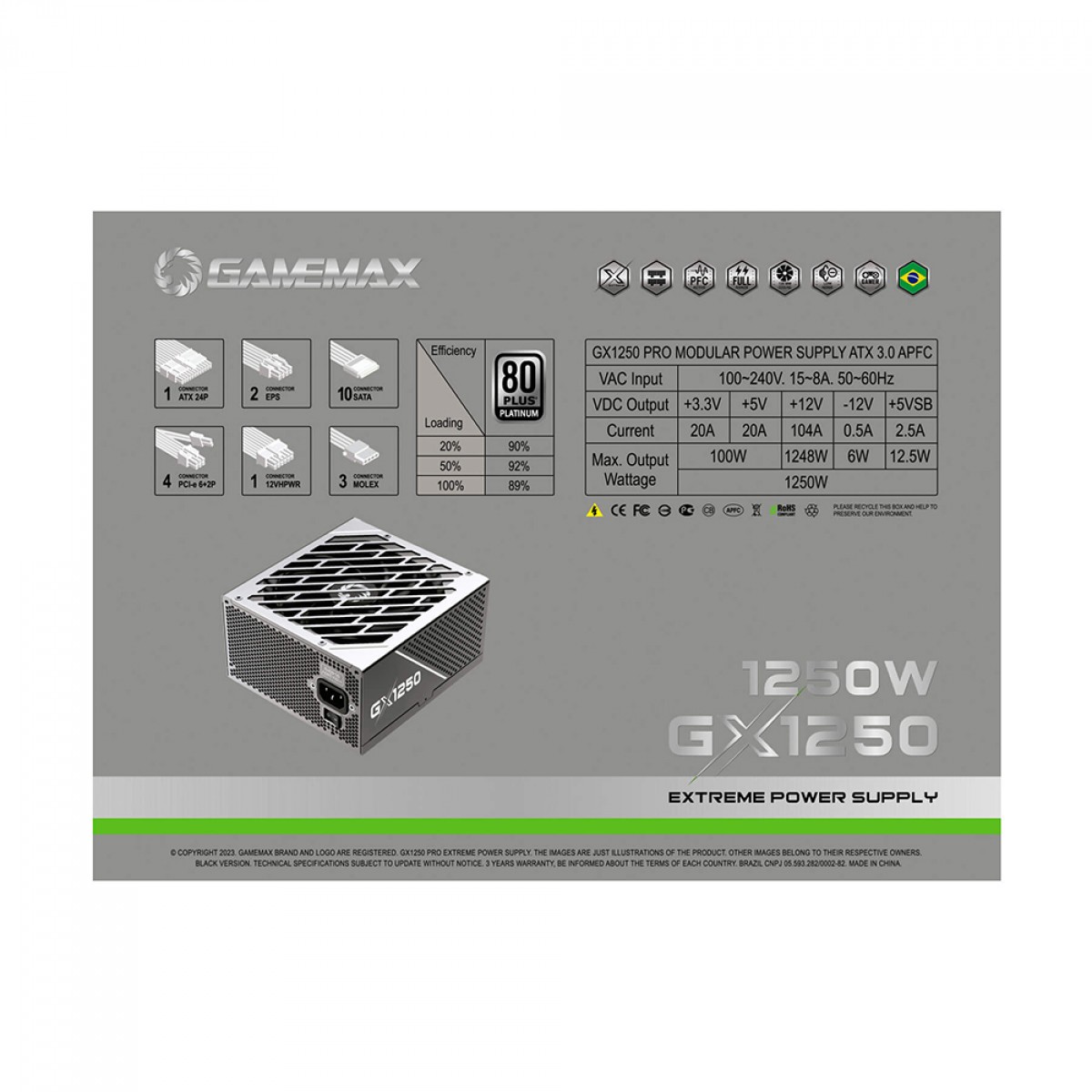 Fonte Gamemax GX1250 PRO, 1250W, Full Modular, 80 Plus Platinum, PCIe 5.0, ATX 3.0, PFC Ativo, Metal, GX1250PROSLS8810BR - Open Box