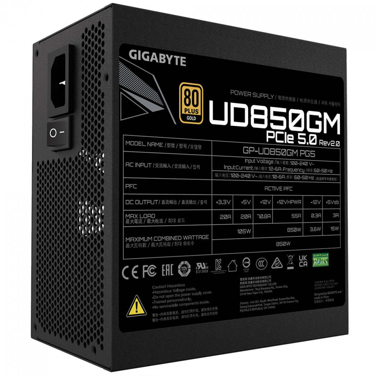 Fonte Gigabyte GP-UD850GM PG5, 850W, 80 Plus Gold, PFC Ativo, Full Modular, PCIe 5.0, Preta, GP-UD850GM PG5 GBR2