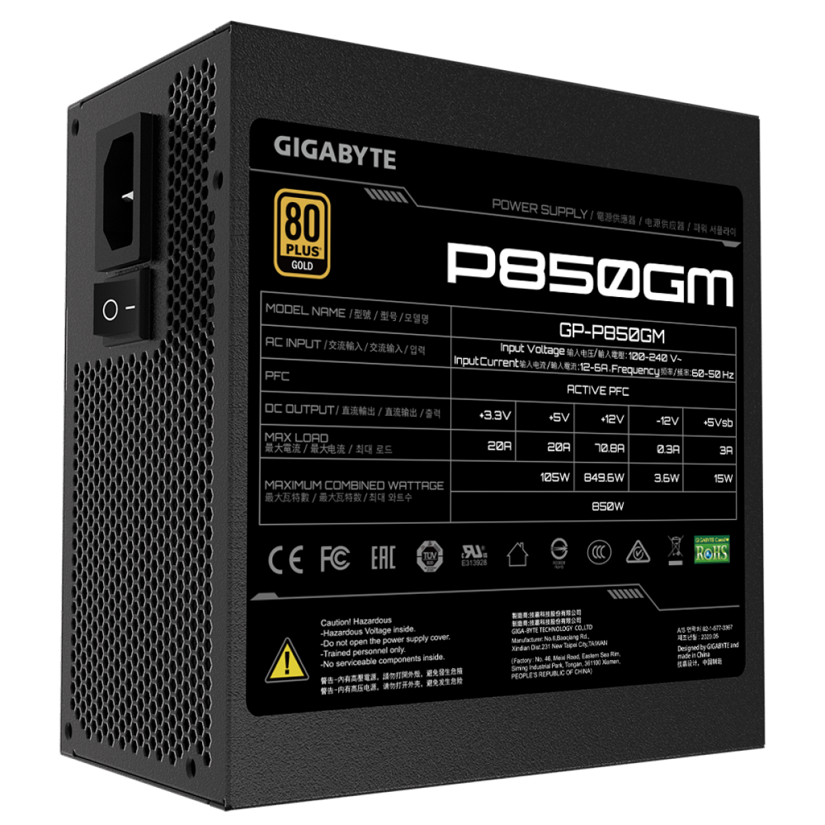 Fonte Gigabyte P850GM 850W, 80 Plus Gold, Full Modular, PFC Ativo, GP-P850GM
