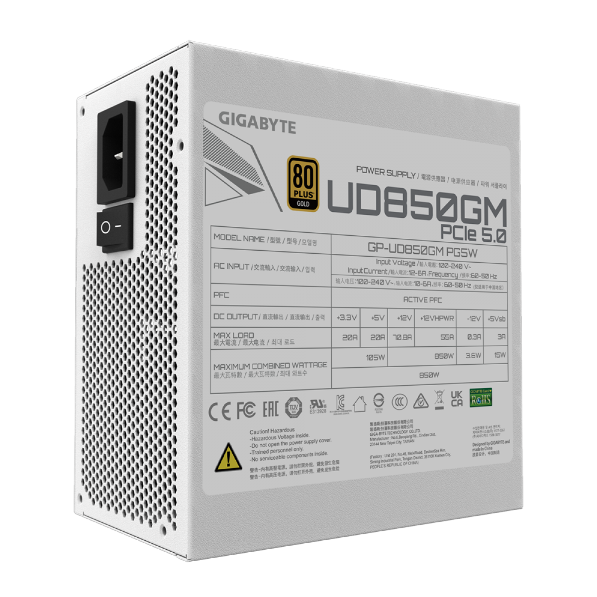 Fonte Gigabyte Ultra Durable, 850W, 80 Plus Gold, PFC Ativo, Full Modular, Com Conector PCIe 5.0, Branco, GP-UD850GM PG5W