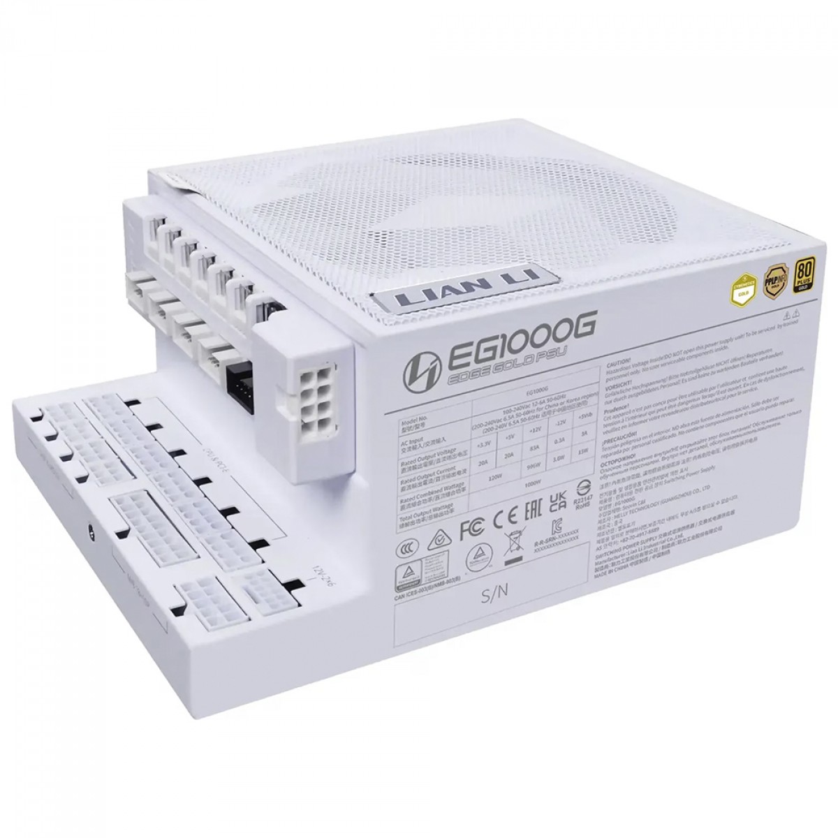 Fonte Lian Li EDGE 1000W, 80 Plus Gold, Cybenetics Gold, ATX 3.1, PFC Ativo, Full Modular, Com Hub EDGE, Branco, EG1000G WHITE EU