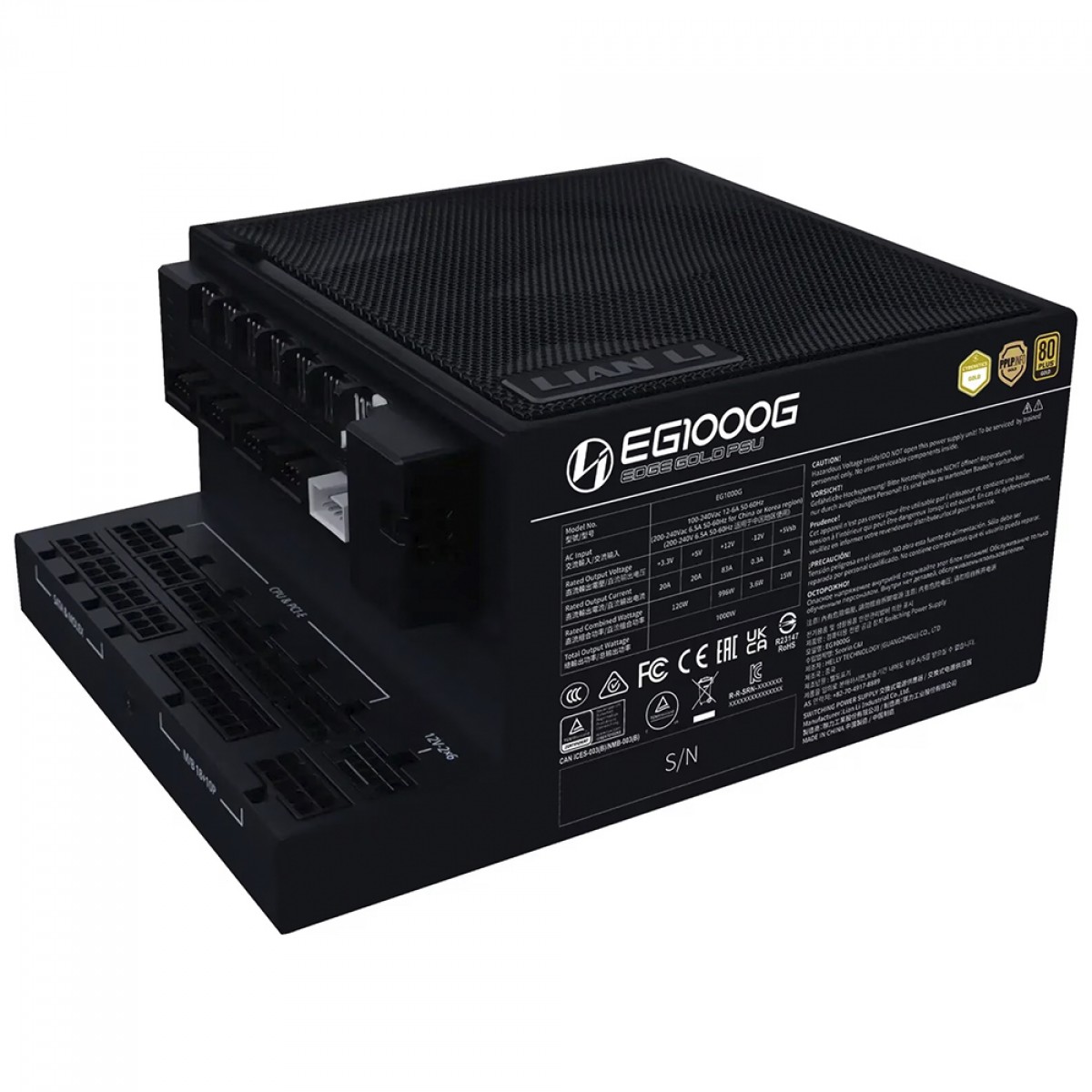 Fonte Lian Li EDGE 1000W, 80 Plus Gold, Cybenetics Gold, ATX 3.1, PFC Ativo, Full Modular, Com Hub EDGE, Preto, EG1000G BLACK EU
