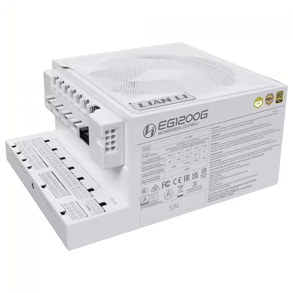 Fonte Lian Li EDGE 1200W, 80 Plus Gold, Cybenetics Gold, ATX 3.1, PFC Ativo, Full Modular, Com Hub EDGE, Branco, EG1200G WHITE EU