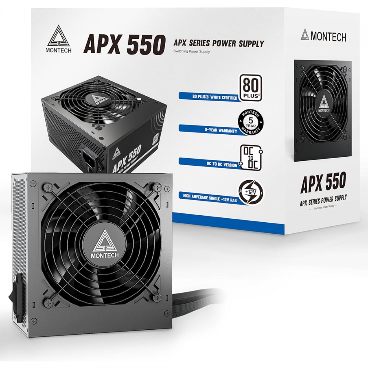 Fonte Montech APX550, 550W, 80 Plus White, PFC Ativo, Preto