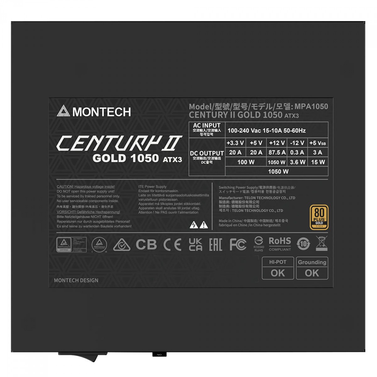 Fonte Montech Century II 1050W, 80 Plus Gold, Cybenetics Platinum, PCIe 5.1, PFC Ativo, Full Modular, Cinza