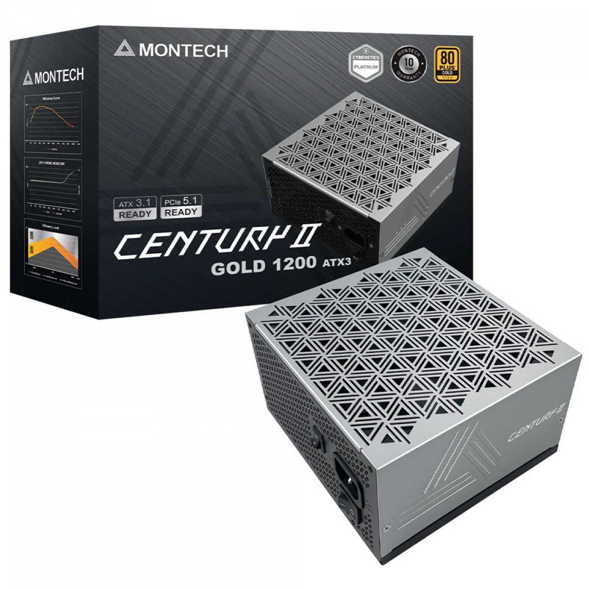 Fonte Montech Century II 1200W, 80 Plus Gold, Cybenetics Platinum, PCIe 5.1, PFC Ativo, Full Modular, Cinza