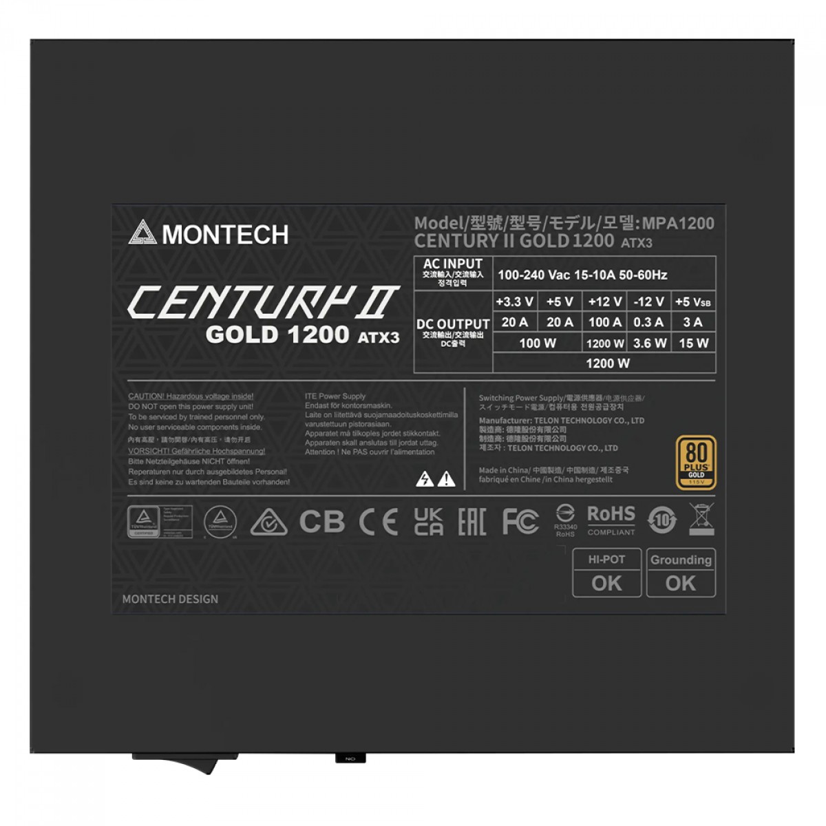 Fonte Montech Century II 1200W, 80 Plus Gold, Cybenetics Platinum, PCIe 5.1, PFC Ativo, Full Modular, Cinza