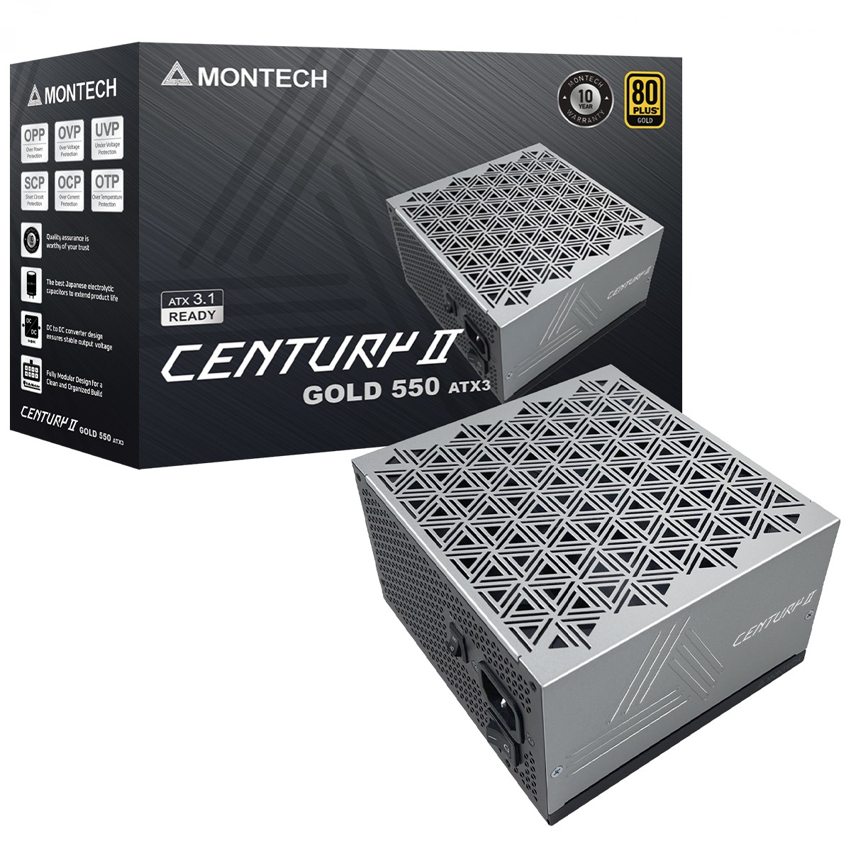 Fonte Montech Century II 550W, 80 Plus Gold, ATX 3.1, PFC Ativo, Full Modular, Cinza