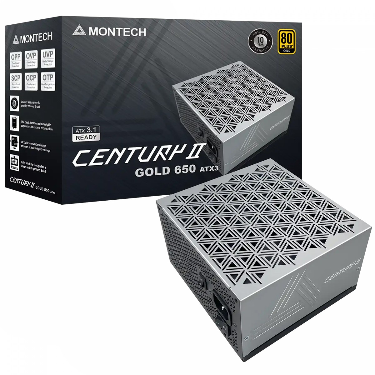 Fonte Montech Century II 650W, 80 Plus Gold, ATX 3.1, PFC Ativo, Full Modular, Cinza