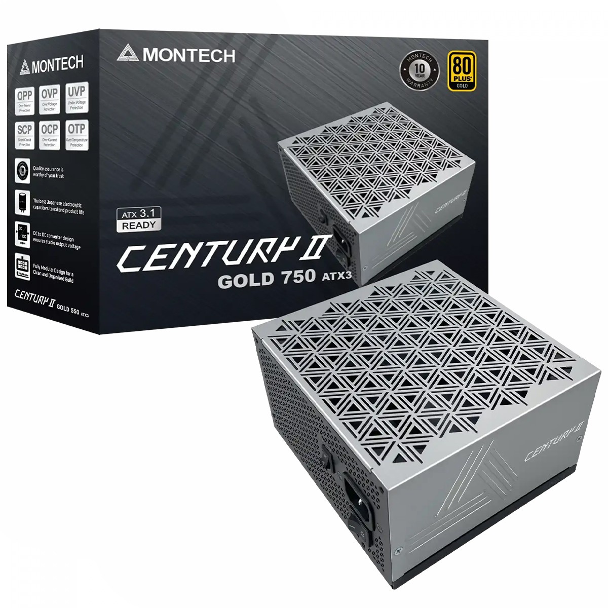 Fonte Montech Century II 750W, 80 Plus Gold, ATX 3.1, PFC Ativo, Full Modular, Cinza