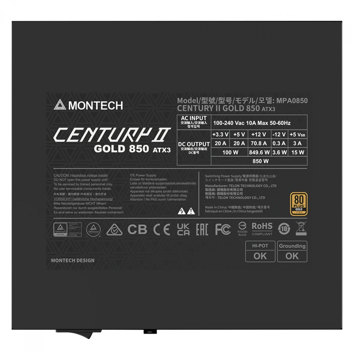 Fonte Montech Century II 850W, 80 Plus Gold, Cybenetics Platinum, PCIe 5.1, PFC Ativo, Full Modular, Cinza