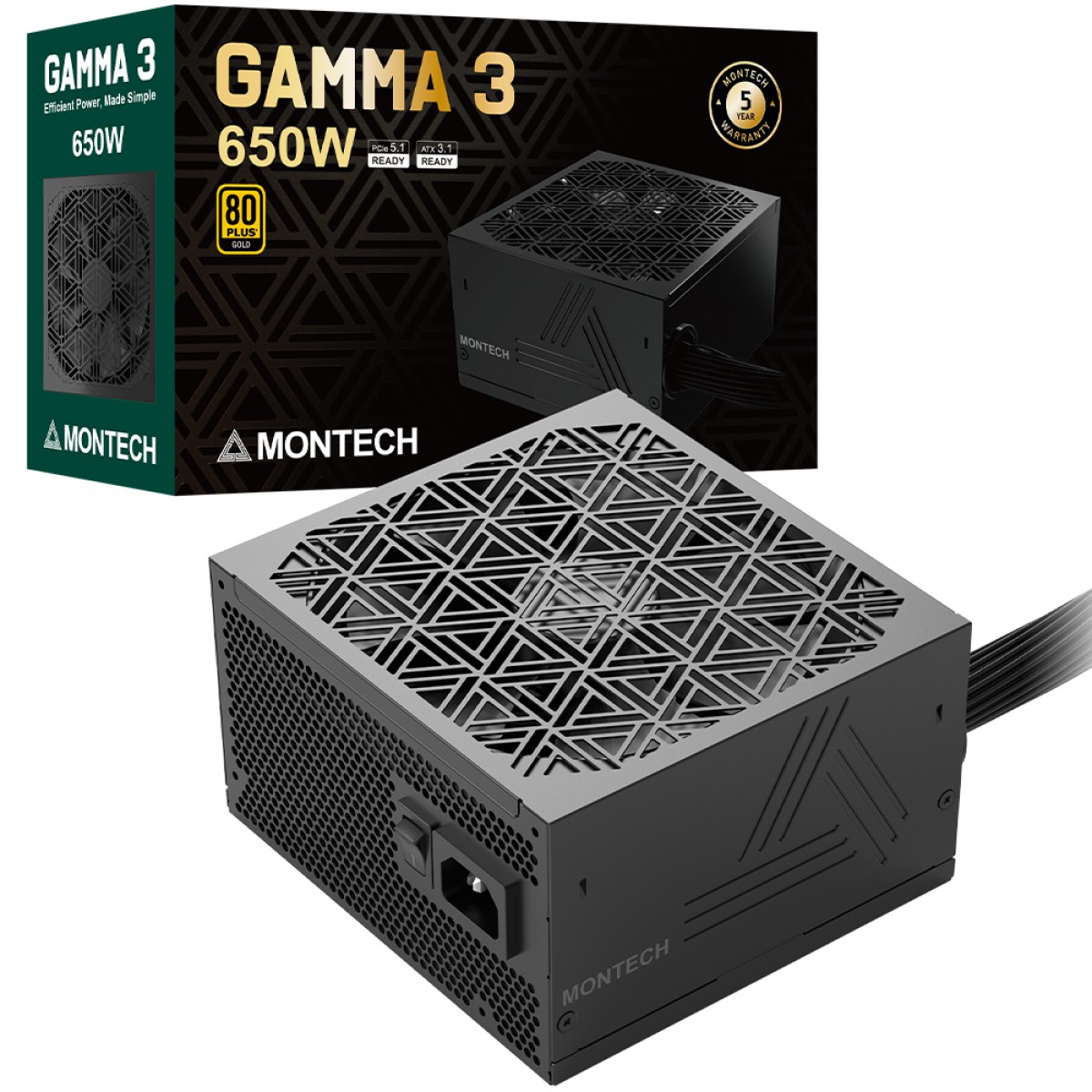 Fonte Montech GAMMA III 650W, 80 Plus Gold, PFC Ativo, Preto