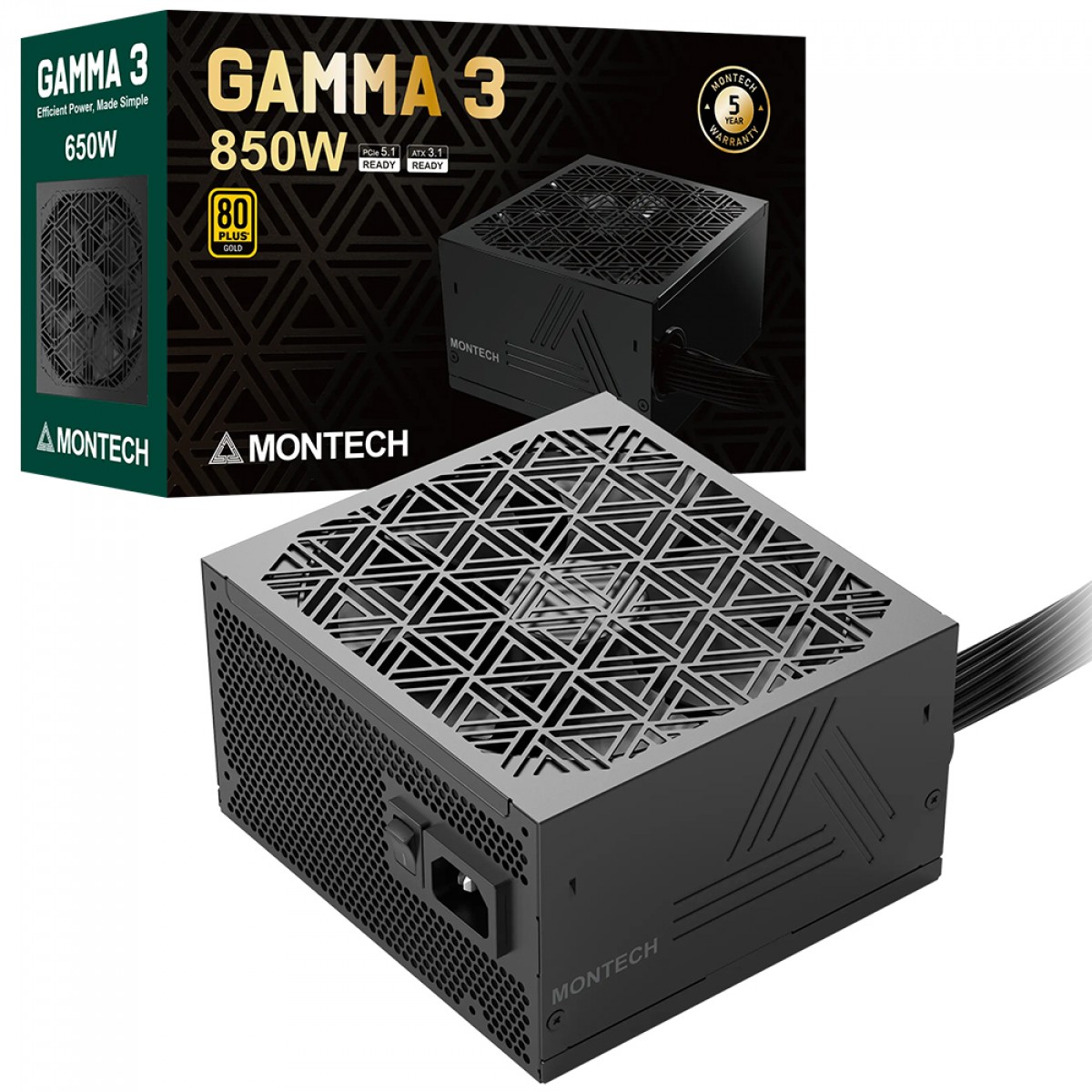 Fonte Montech GAMMA III 850W, 80 Plus Gold, PFC Ativo, Preto
