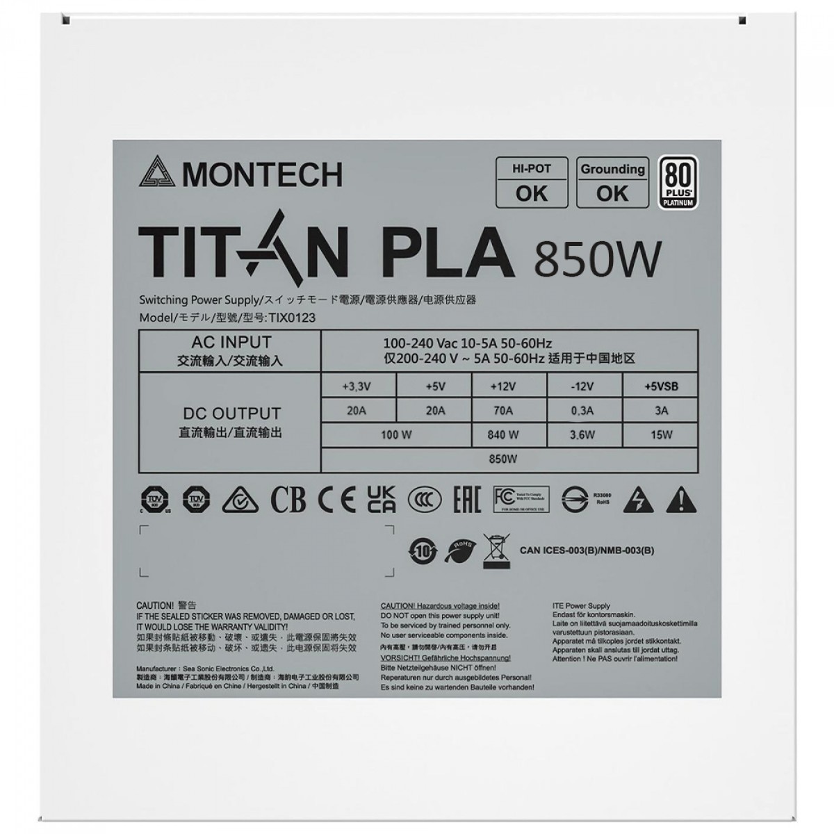 Fonte Montech Titan PLA, 850W, 80 Plus Platinum, PFC Ativo, ATX 3.1, PCIe 5.1, Full Modular, White