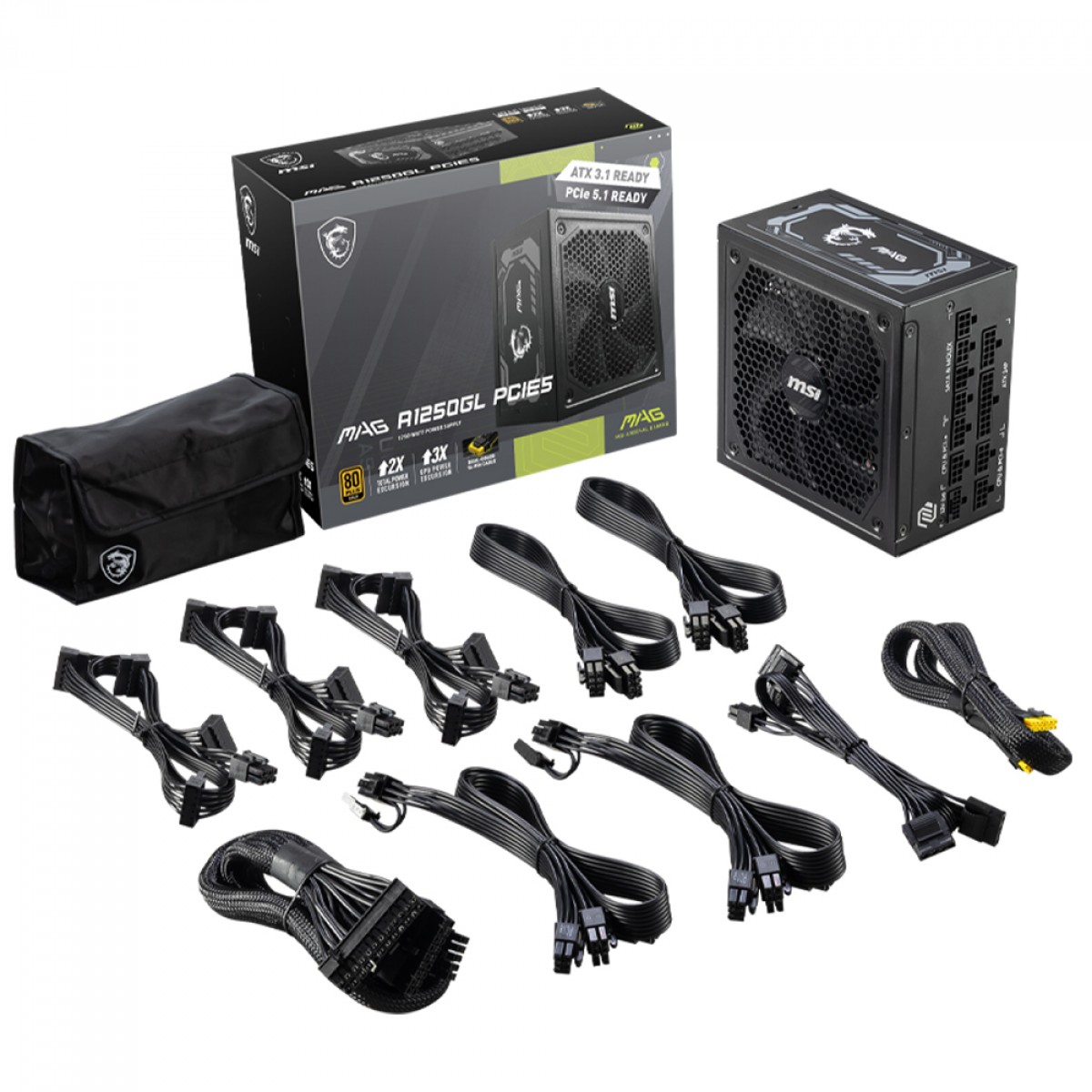 Fonte MSI MAG A1250GL PCIE5, 1250W, 80 Plus Gold, Cybenetics Gold, ATX 3.1, PFC Ativo, Full Modular, Preto