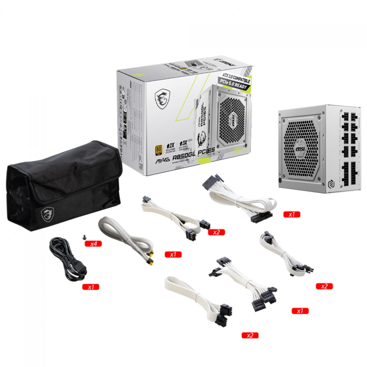 Fonte MSI MAG A850GL PCIE5, 850W, 80 Plus Gold, PFC Ativo, Full Modular, Branco, MAG A850GL PCIE5 WHITE