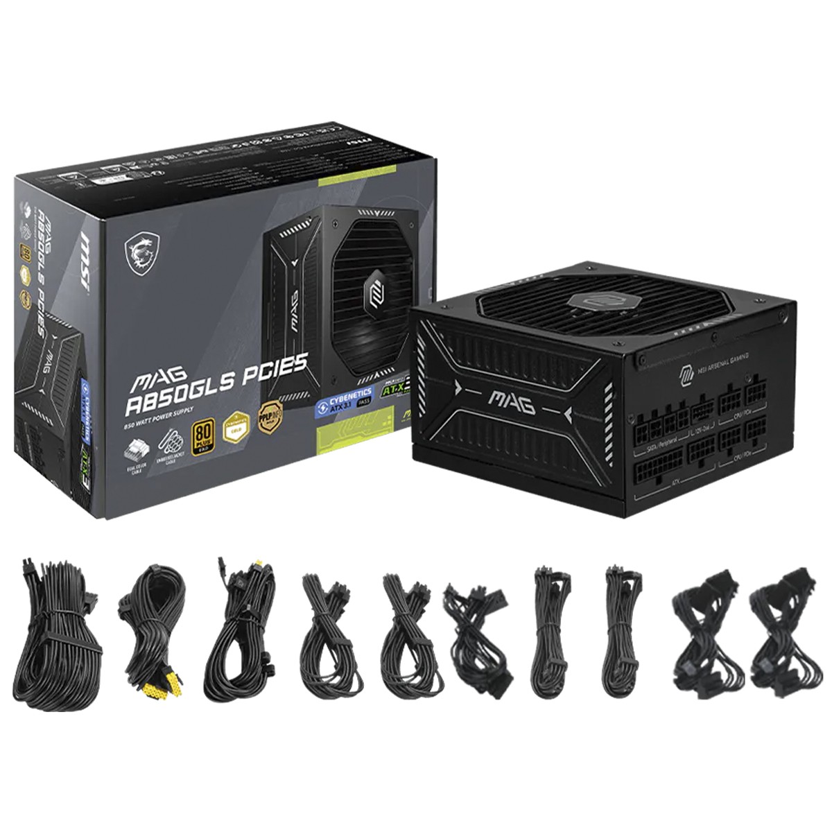 Fonte MSI MAG A850GLS PCIE5, 850W, 80 Plus Gold, Cybenetics Platinum, ATX 3.1, PFC Ativo, Full Modular, Preto, MAGA850GLS