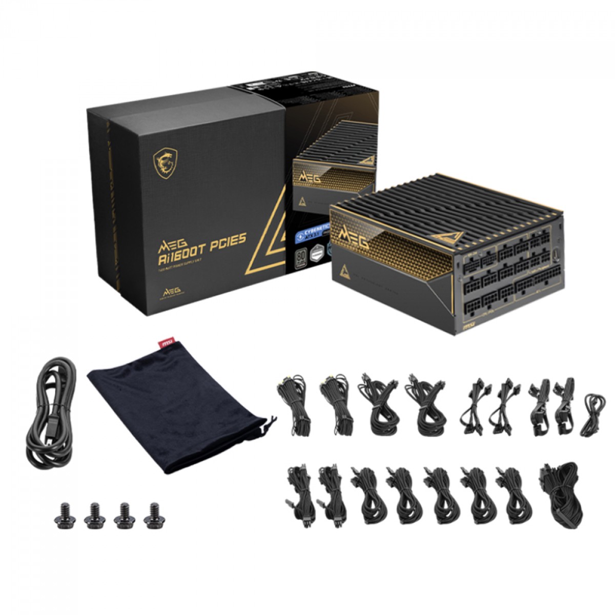 Fonte MSI MEG AI1600T PCIE5, 1600W, 80 Plus Titanium, Cybenetics Titanium, PFC Ativo, ATX 3.1, Full Modular, Preto