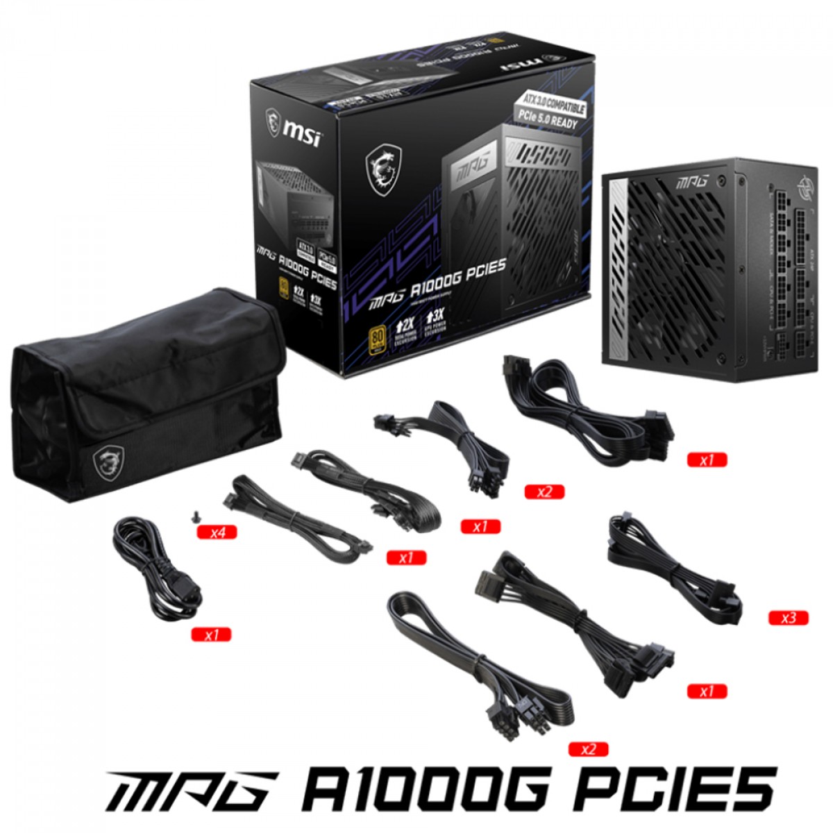 Fonte MSI MPG A1000G PCIE5, 1000W, 80 Plus Gold, PFC Ativo, Full Modular, Preto, MPG A1000G PCIE5
