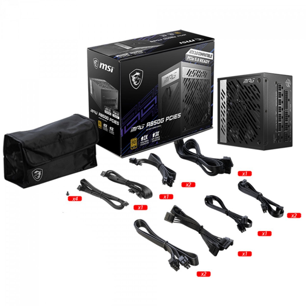 Fonte MSI MPG A850G PCIE5, 850W, 80 Plus Gold, Cybenetics Gold, PFC Ativo, ATX 3.0, Full Modular, Preto