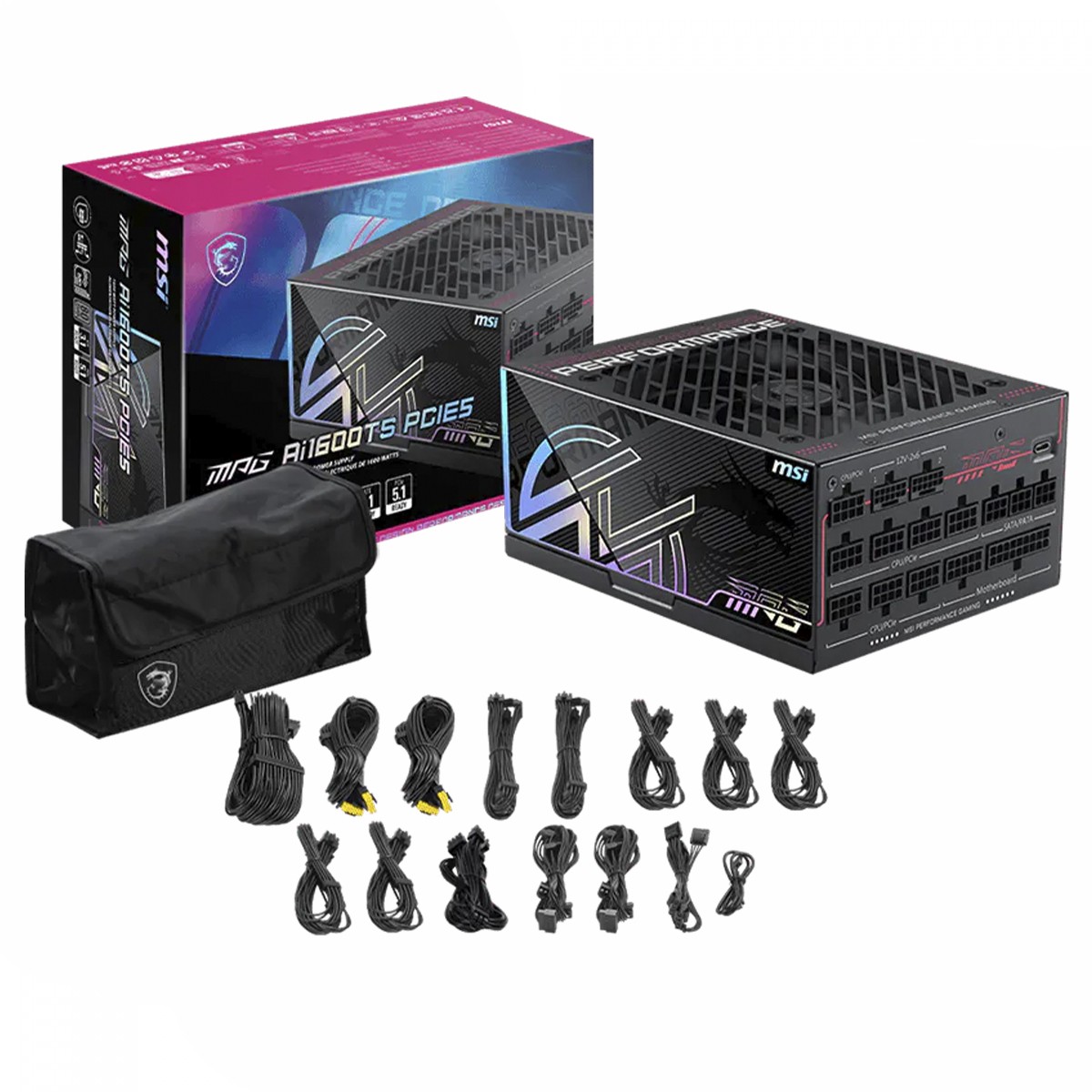 Fonte MSI MPG Ai1600TS PCIE5, 1600W, 80 Plus Titanium, Cybenetics Titanium, ATX 3.1, PCIe 5.1, Full Modular, Preto